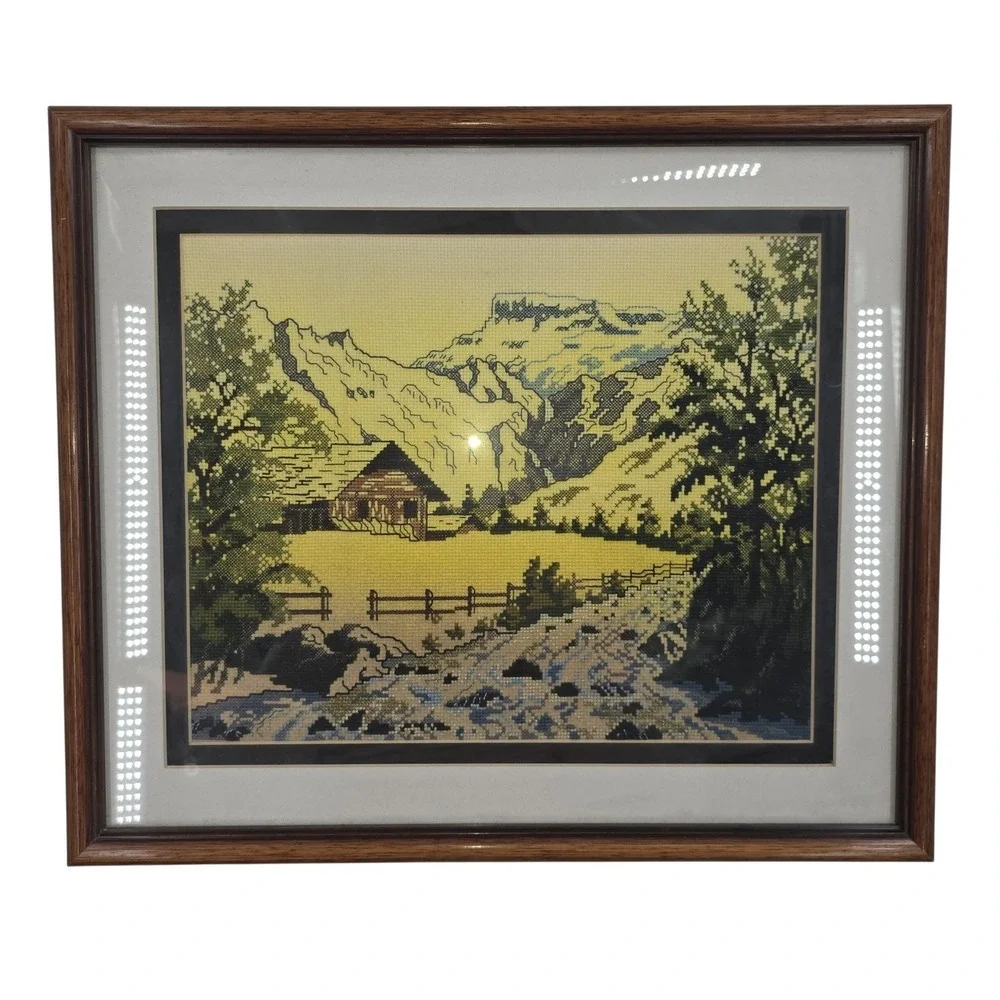 Vintage Handmade Mountain Cabin Landscape Cross Stitch Tapestry‎ Framed 14x16